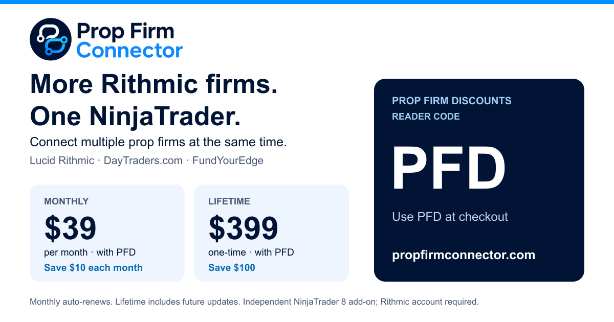 PropFirmConnector PFD discount for NinjaTrader Rithmic connections